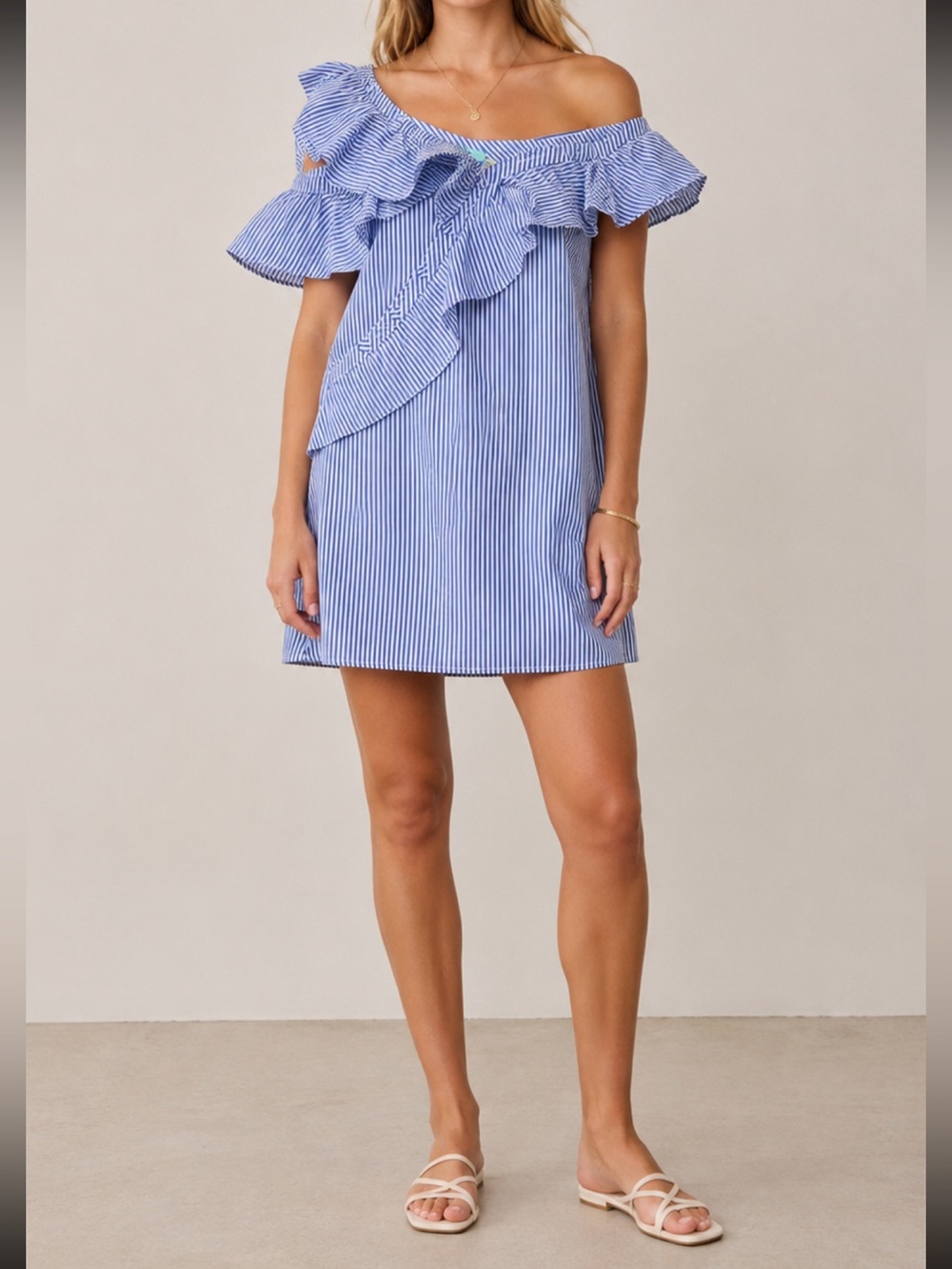 Karlie Blue and White Striped Off-Shoulder Ruffle Dress Sz Medium